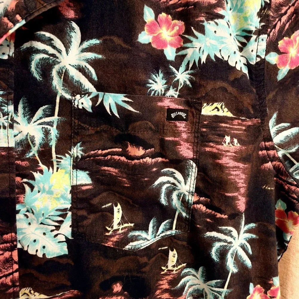Men's Billabong Hawaiian Tiki 100% Cotton Short-Sleeve Button Shirt L– Excellent